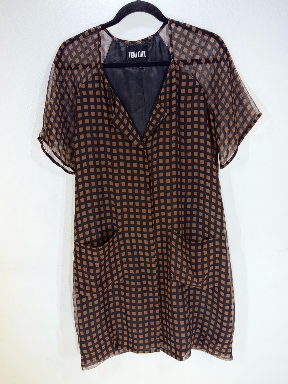 Vena Cava Sheer Grid Print Pocket Dress Brown Black Mesh Shift